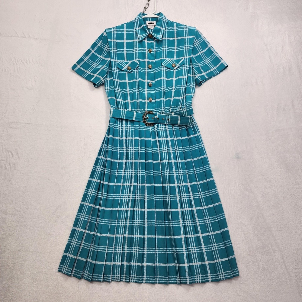 Vintage Leslie Fay Dress Womens 12P‎ PETITE Blue Plaid Belted Pleated Shirt Midi